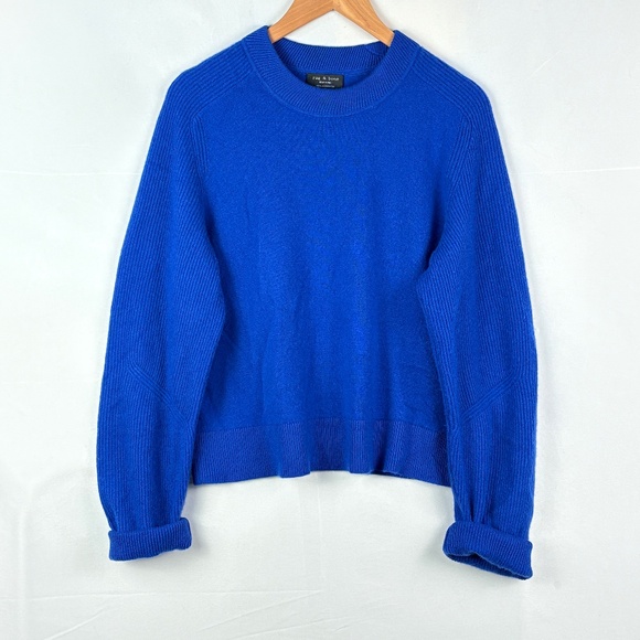 Rag &Bone Women Cashmere Boxy Sweater XL Blue Ribbed Crew Neck Luxury Soft Cozy - Picture 1 of 10